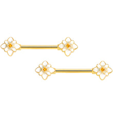 14G 9/16 Yellow Gem Gold Tone Flower Barbell Nipple Ring Set