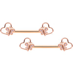 14G 9/16 Clear CZ Rose Gold Tone Heart Barbell Nipple Ring Set