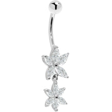 16G Solid 14K White Gold Cubic Zirconia DUAL LILY Dangle Belly Ring