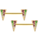 14G 9/16 Pink Green Gem Gold Hue Triangle Barbell Nipple Ring Set