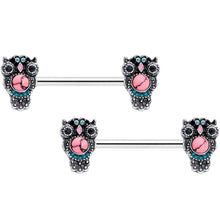 14G 9/16 Black Gem Pink Orb Owl Barbell Nipple Ring Set
