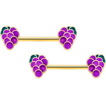 14G 9/16 Gold Tone Sweet Purple Grapes Barbell Nipple Ring Set
