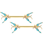 14G 9/16 Clear CZ Gem Gold Tone Swallow Bird Nipple Ring Set