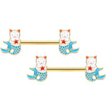 14G 9/16 Gold Tone Blue Star Cat Mermaid Barbell Nipple Ring Set