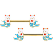 14G 9/16 Gold Tone Blue Star Cat Mermaid Barbell Nipple Ring Set