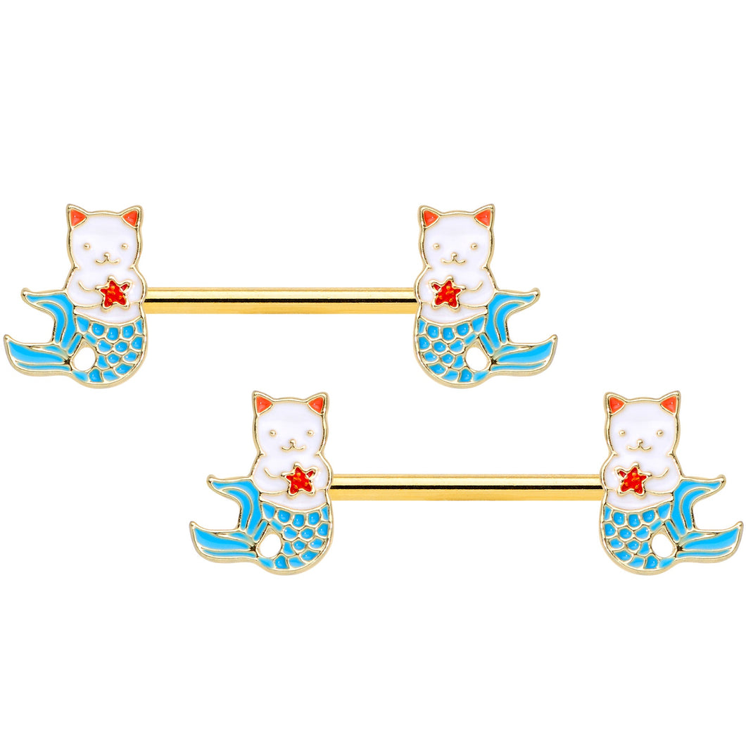 14G 9/16 Gold Tone Blue Star Cat Mermaid Barbell Nipple Ring Set