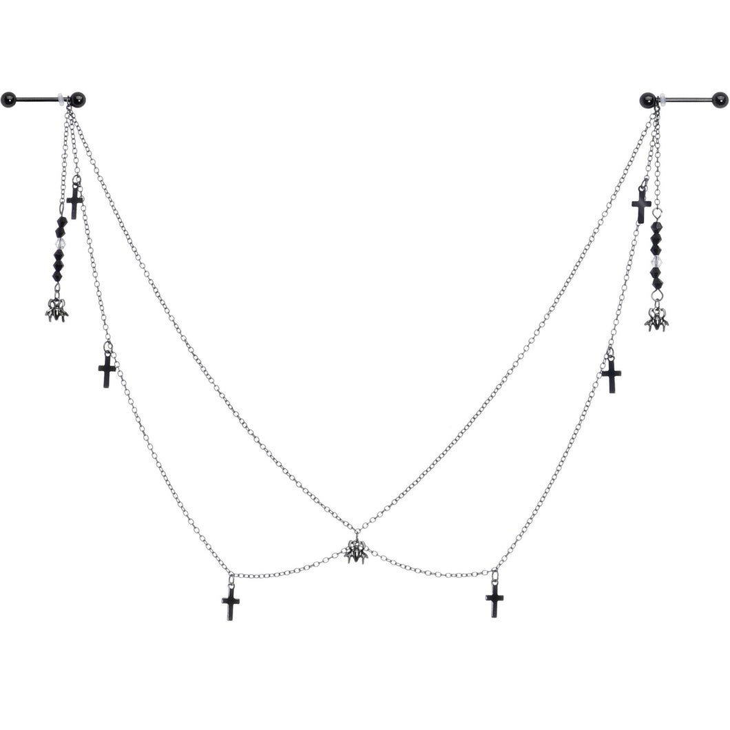 14G 9/16 Black Gem Spider Cross Halloween Dangle Nipple Chain