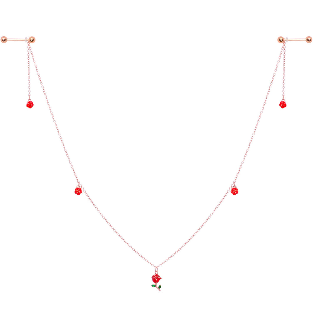 14G 9/16 Gold Tone Red Flower Valentine Dangle Nipple Chain