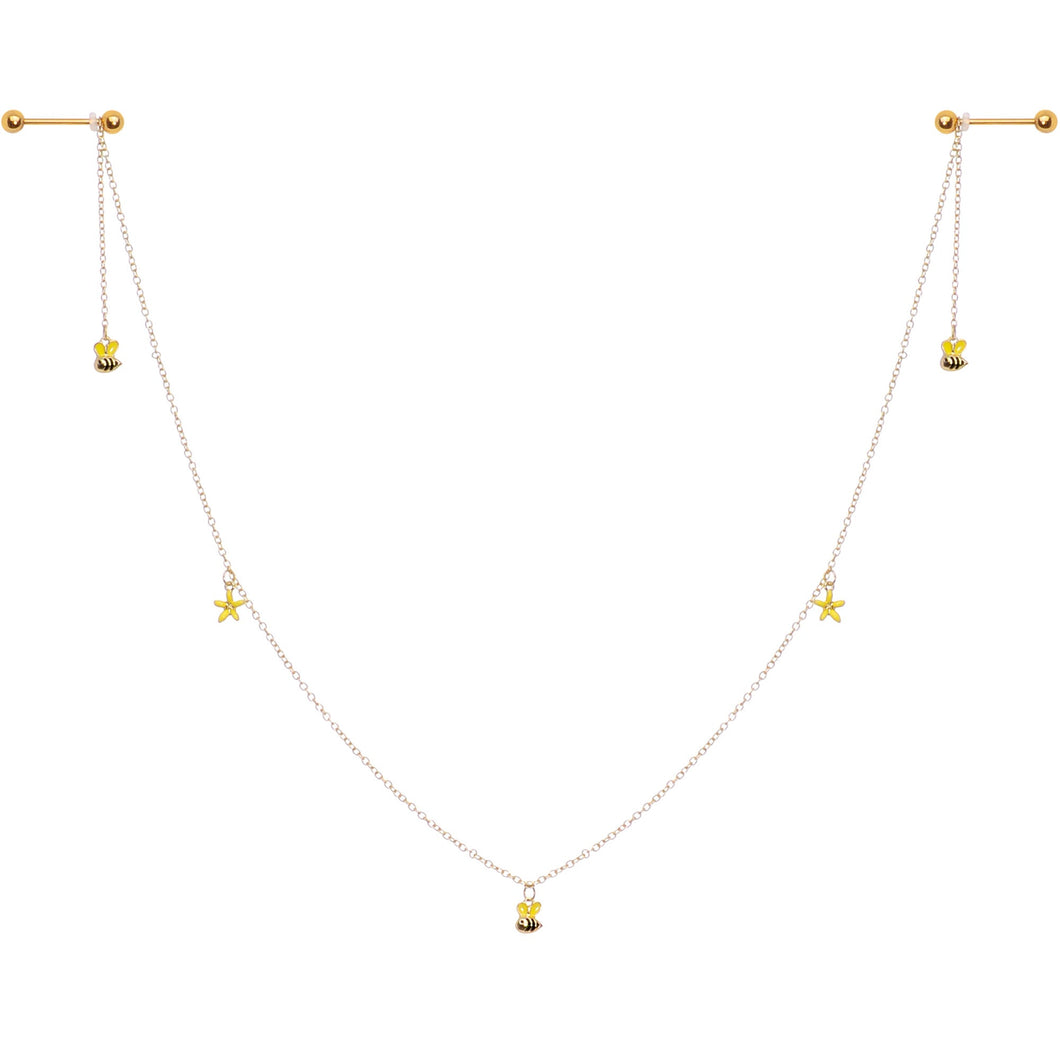 14G 9/16 Gold Tone Yellow Flower Bee Dangle Nipple Chain