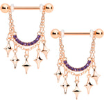 14G 9/16 Purple Gem Rose Gold Tone Drama Dangle Nipple Ring Set