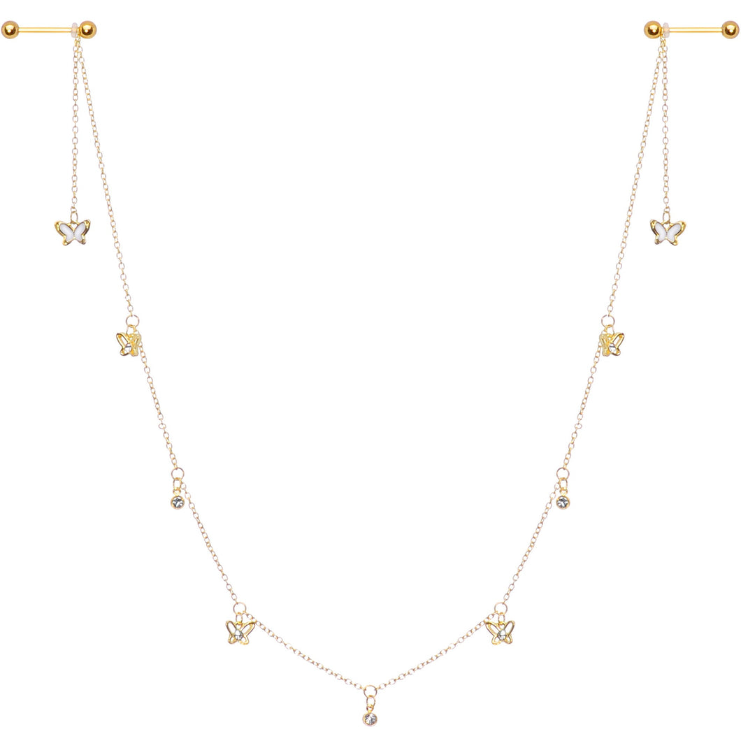 14G 9/16 Clear Gem Gold Tone Butterfly Dangle Nipple Chain