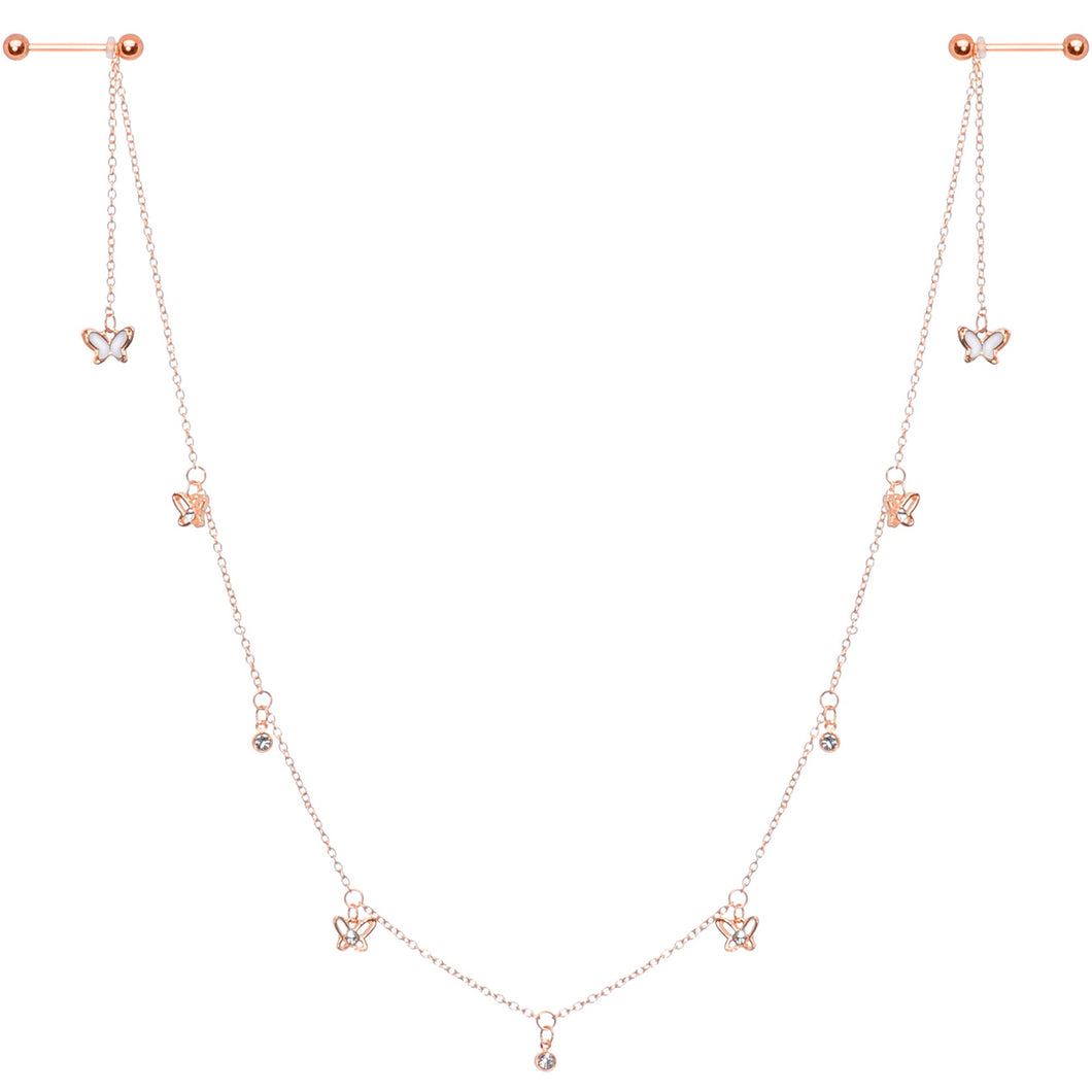 14G 9/16 Clear Gem Rose Gold Tone Butterfly Dangle Nipple Chain