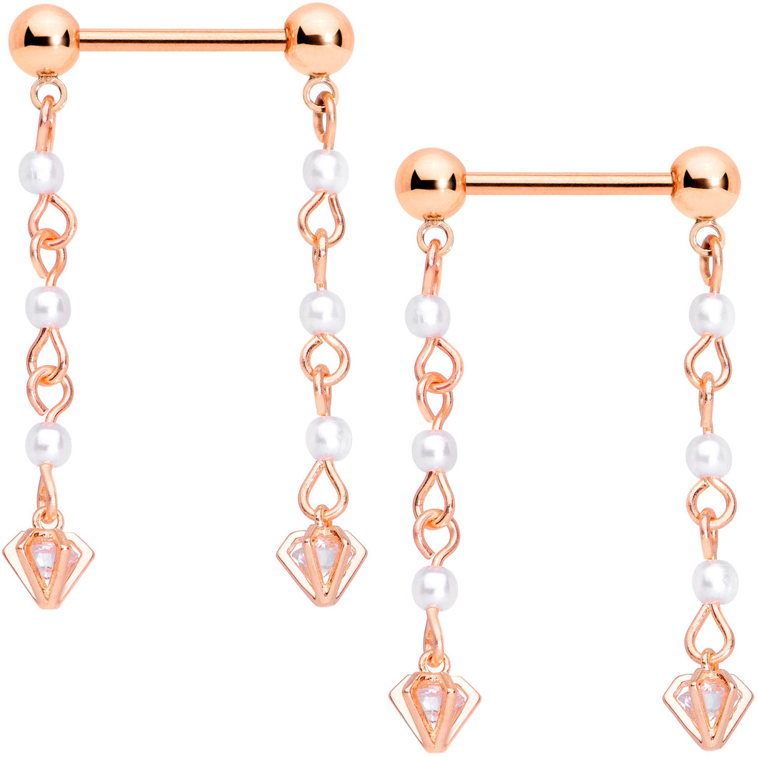14G 5/8 Clear CZ Gem Rose Gold Tone Orb Dangle Nipple Ring Set