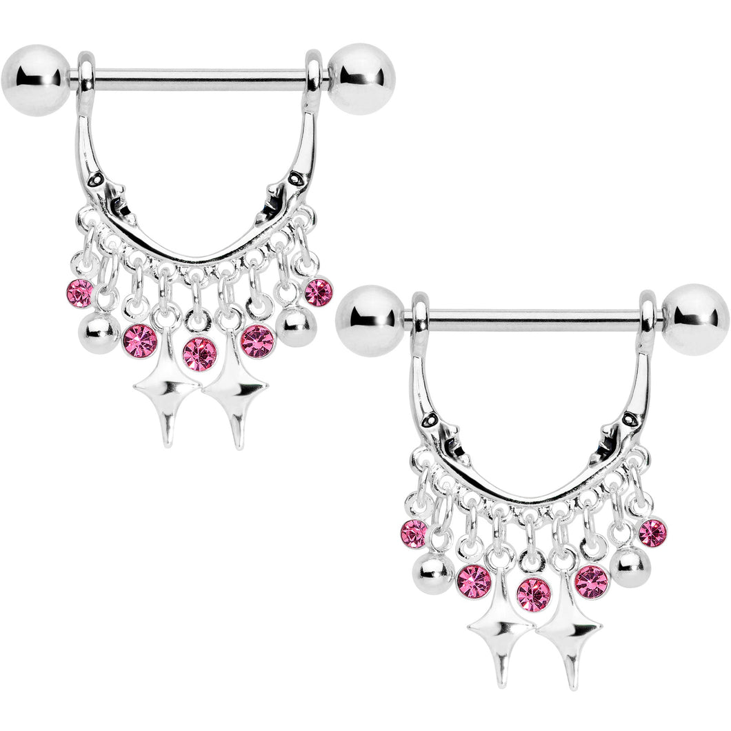 14G 5/8 Pink Gem Moons Dangle Nipple Ring Set