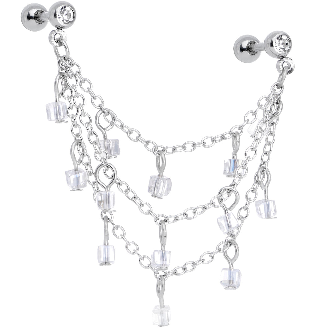 16G 1/4 Clear Gem Clear Cube Triple Dangle Cartilage Chain Earring