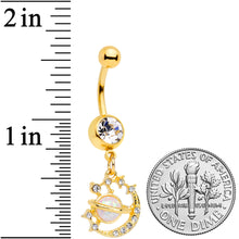 Clear Gem Gold Tone White Faux Opal Saturn Moon Dangle Belly Ring