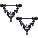 14G 9/16 Black Winged Skeleton Halloween Dangle Nipple Ring Set