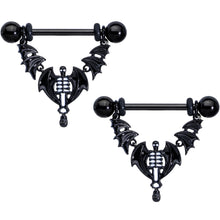 14G 9/16 Black Winged Skeleton Halloween Dangle Nipple Ring Set