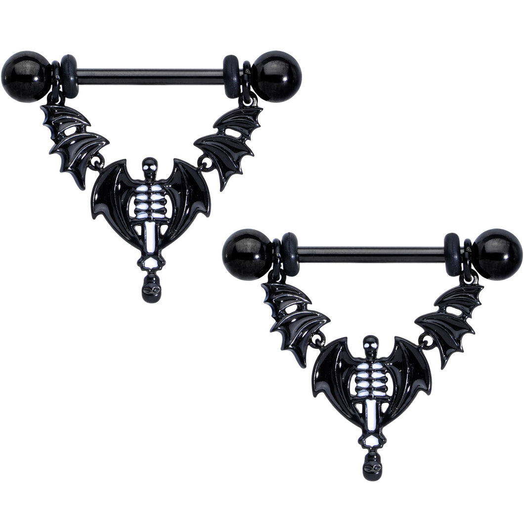 14G 9/16 Black Winged Skeleton Halloween Dangle Nipple Ring Set