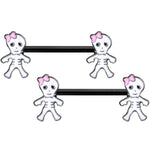 14G 9/16 Black Skeleton Girl Halloween Barbell Nipple Ring Set