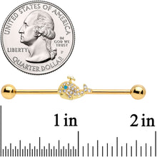 14G Clear Aqua Gem Gold Tone Whale Industrial Barbell 38mm