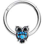 16G 3/8 Black Gem Ornate Blue Owl Hinged Segment Ring