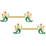 14G 9/16 Gold Tone Green Mermaids Barbell Nipple Ring Set