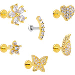 16G 1/4 CZ Gold Tone Internal Thread Labret Tragus Set of 6