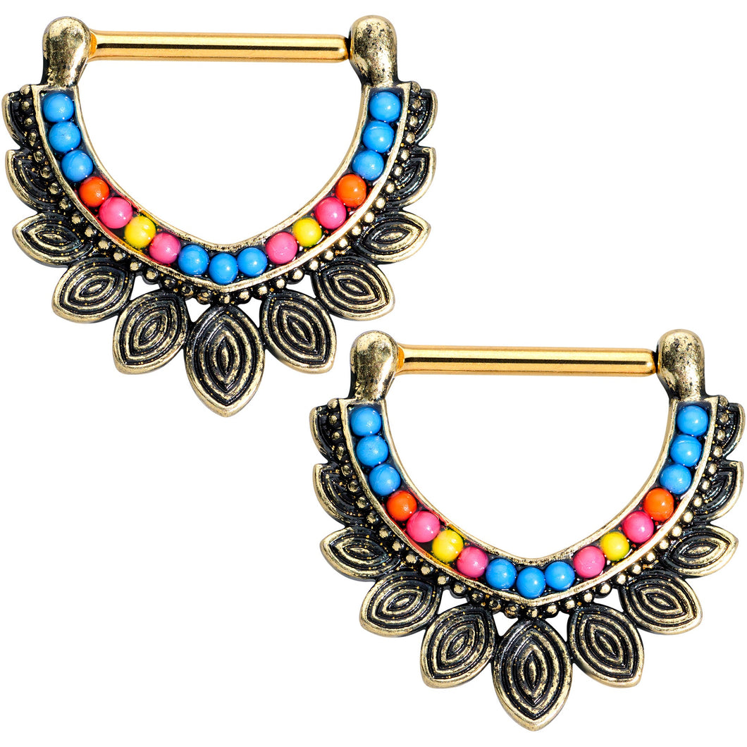 14G 9/16 Gold Tone Rainbow Crest Nipple Clicker Set