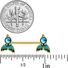 14G 9/16 Gold Tone Blue Green Mermaid Tail Barbell Nipple Ring Set