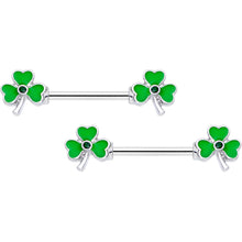 14G 5/8 Black Gem Green St Pats Shamrock Barbell Nipple Ring Set