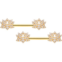 14G 9/16 Clear CZ Gem Gold Tone Lotus Flower Nipple Ring Set