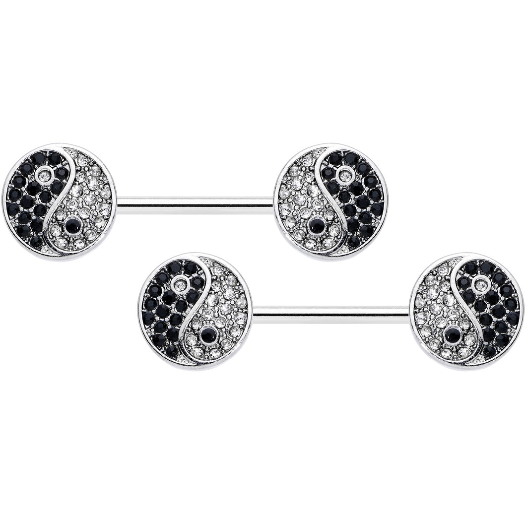 14G 9/16 Clear Black Gem Yin Yang Barbell Nipple Ring Set