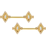 14G 9/16 White Synthetic Opal Gold Tone Barbell Nipple Ring Set