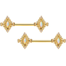 14G 9/16 White Synthetic Opal Gold Tone Barbell Nipple Ring Set