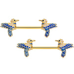 14G 5/8 Clear Gem Gold Tone Blue Bird Barbell Nipple Ring Set