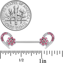 14G 9/16 Pink Gem Flower Heart Barbell Nipple Ring Set