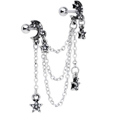 16G 1/4 Clear Gem Moon Star Triple Dangle Cartilage Chain Earring