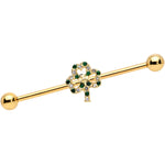 14G Green Gem Gold Tone Double Shamrock Industrial Barbell 38mm