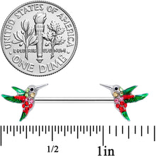 14G 9/16 Red Pink Gem Green Hummingbird Barbell Nipple Ring Set