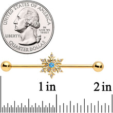 14G Blue CZ Gem Gold Tone Snowflake Industrial Barbell 38mm