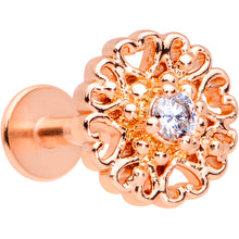 16G 5/16 Clear CZ Rose Gold Tone Hearts Labret Monroe Tragus