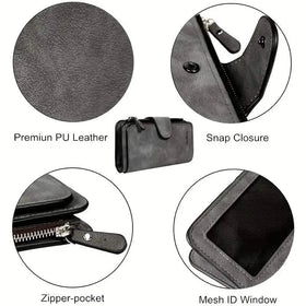 Vintage Faux Leather Long Wallet – Trifold Credit Card Holder with Snap & Zipper