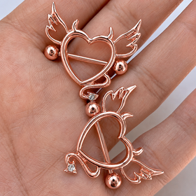 14G 9/16 Clear Gem Rose Gold Tone Devil Heart Nipple Shield Set