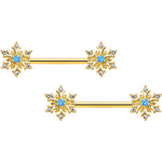14G 9/16 Blue CZ Gem Gold Tone Snowflake Barbell Nipple Ring Set