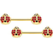 14G 9/16 Clear Red Gem Gold Tone Ladybug Barbell Nipple Ring Set