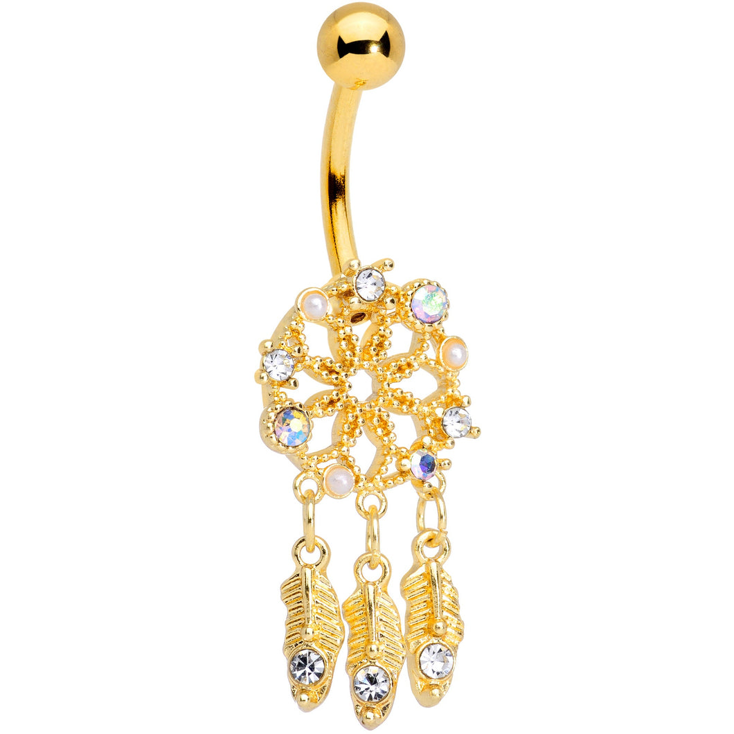 Aurora Gem Gold Tone Dreamcatcher Feather Dangle Belly Ring