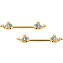 14G 5/8 Blue CZ Gem Gold Tone Whale Barbell Nipple Ring Set