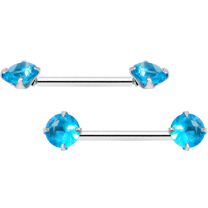 14G 9/16 Aqua CZ Gem Threadless Barbell Nipple Ring Set