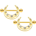 14G 5/8 Clear Gem Gold Tone Open Crescent Nipple Shield Set